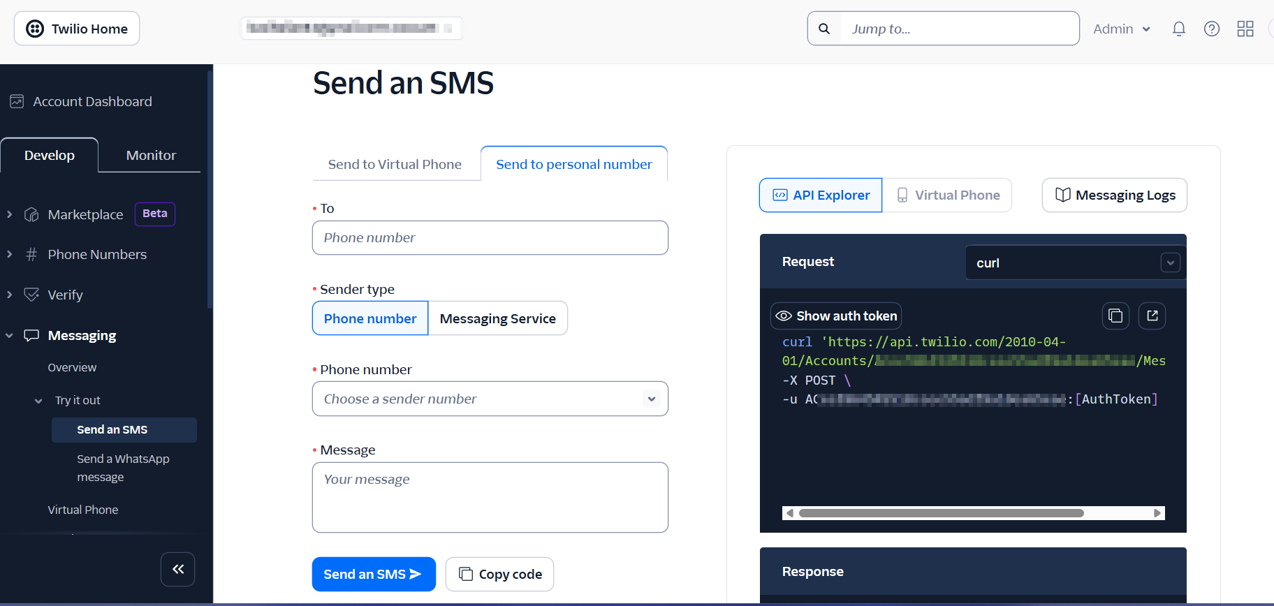 TwilioBox configuration sidebar showing API key input fields
